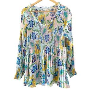 Sunny Leigh Blouse Hailee Crinkle Top NEW Long Sleeve Blue Pink Size Medium NWT